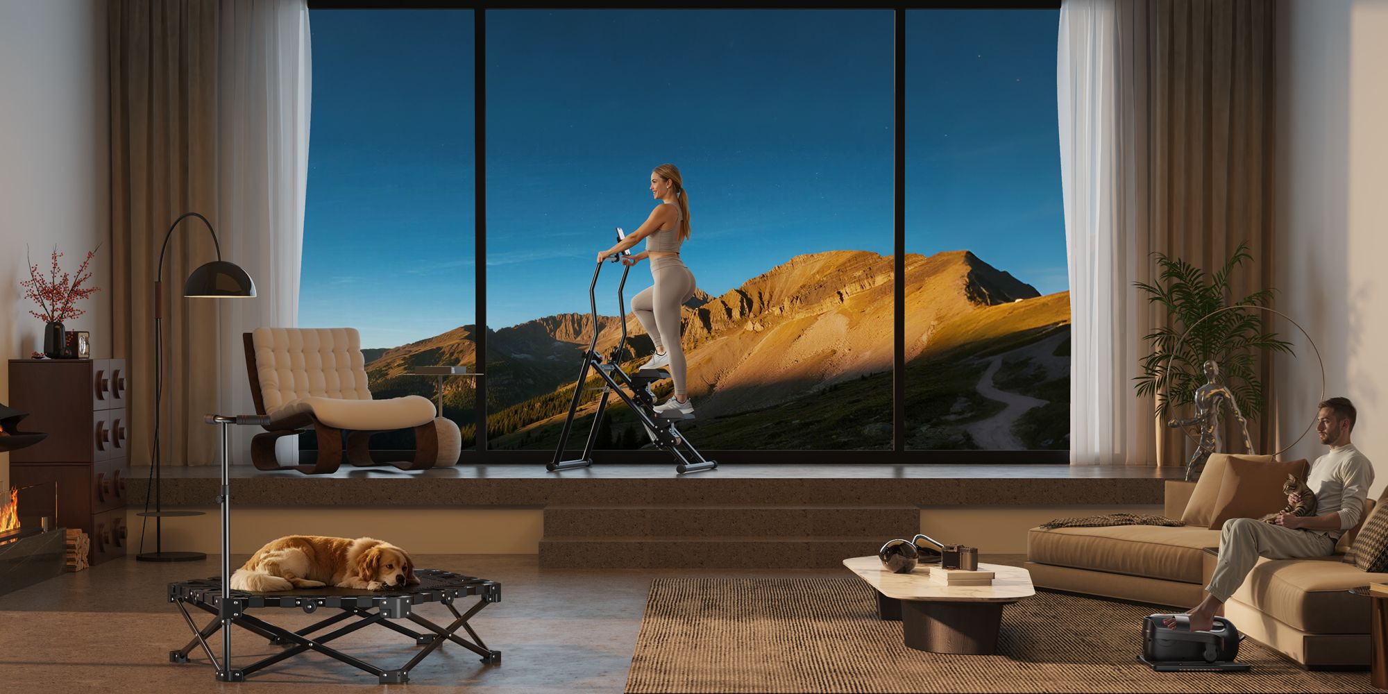 MOMODA stair stepper workout by a mountain window